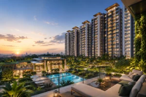 Luxury residential towers with clubhouse, swimming pool, landscaped gardens and open spaces at Myhna Vistara in East Bengaluru