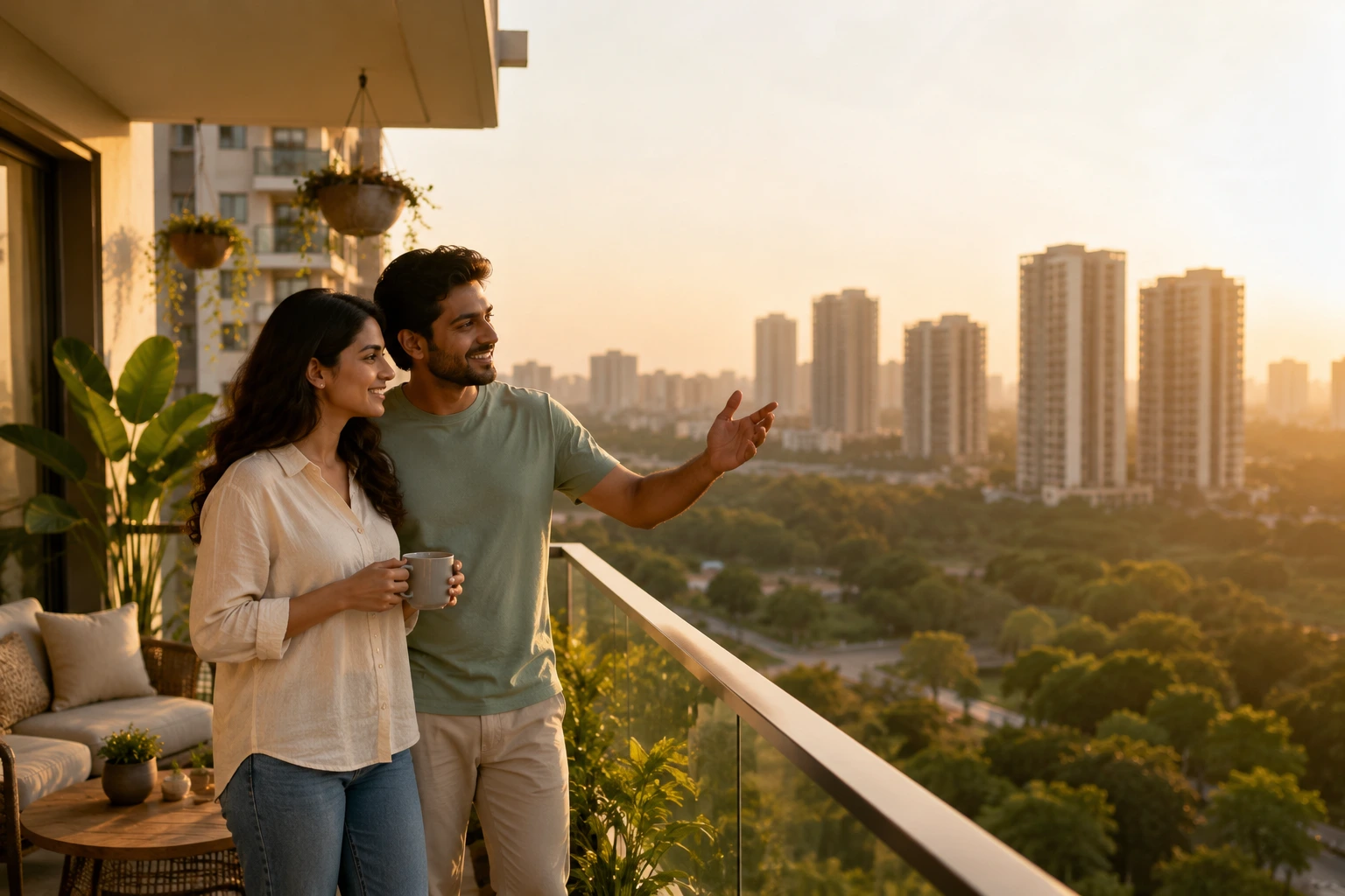 Young couple enjoying the balcony view from a premium apartment at Arvind Sarjapur Road overlooking landscaped greenery and modern residential towers.