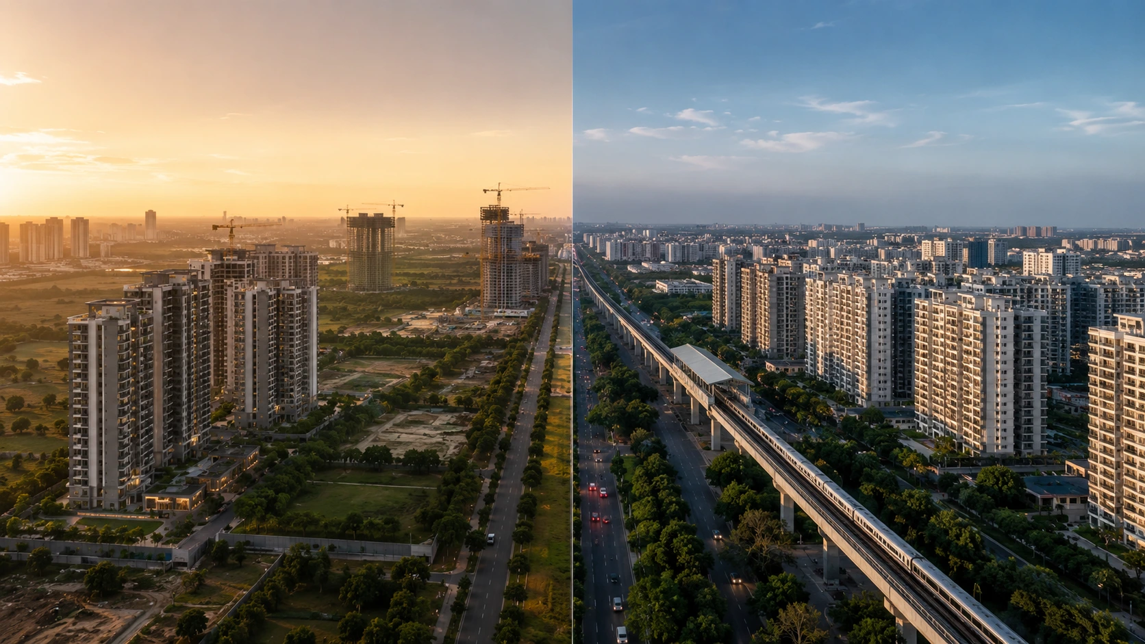 Comparison of developing and established residential corridors with modern apartments, metro connectivity, and infrastructure growth in Bangalore.