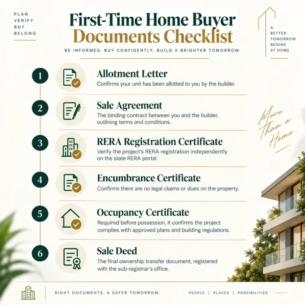 First time home buyer documents checklist — allotment letter, sale agreement, RERA certificate, occupancy certificate